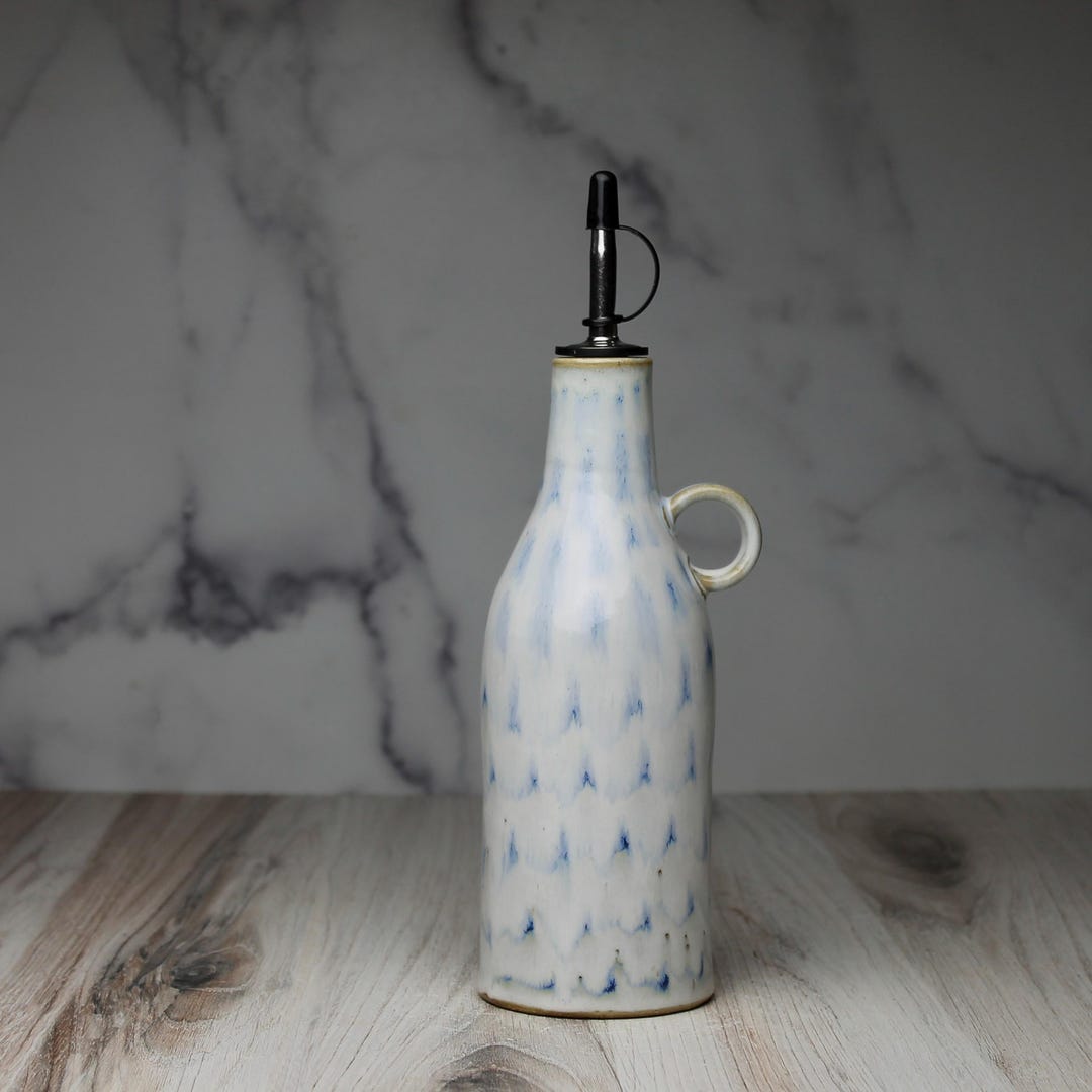 Handmade Olive Oil Cruet: Wheel-Thrown Opal Glaze with Blue Accent