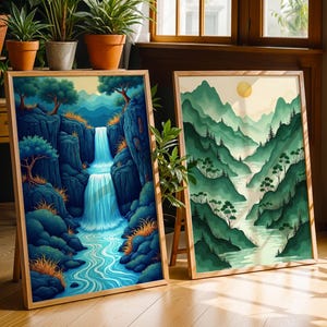 Japandi Wall Art Set of 2 Digital, Japanese Waterfall Art, Sage Green Japandi Wall Art Print, Blue and Green Minimalist Art, Wabi Sabi Art