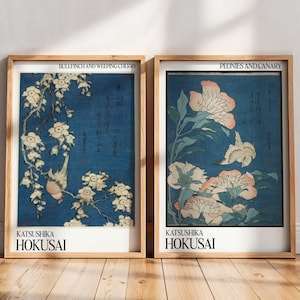 Japanese Wall Art Set Of 2, Katsushika Hokusai Wall Art Print, Vintage Japanese Painting, Japandi Wall Art Wabi Sabi, Japanese Botanical Art