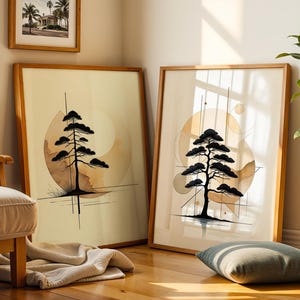 Japanese Wall Art Set Of 2, Bonsai Tree Poster Print, Minimalist Zen Art, Japandi Neutral Scandinavian Wall Art, Wabi Sabi Wall Art Digital