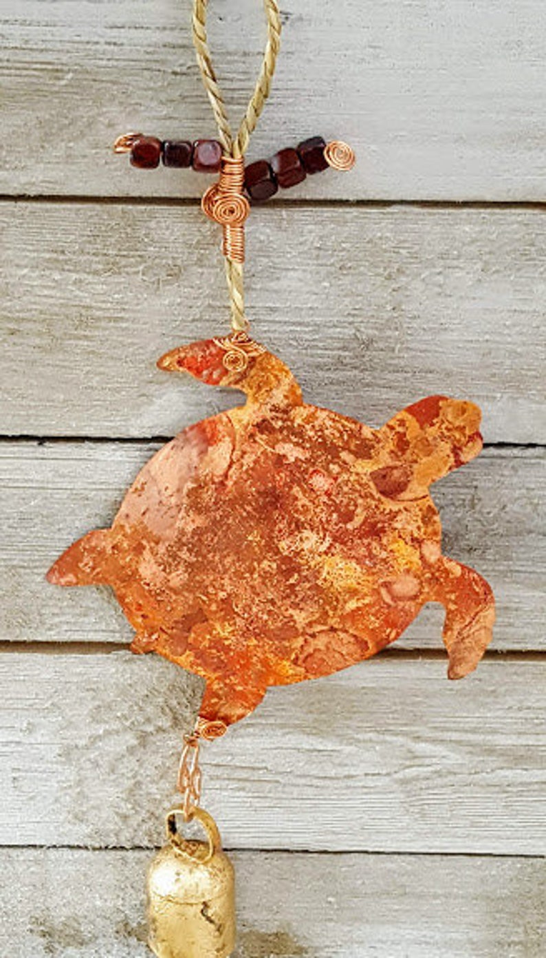 Red fire patina sea turtle copper wind chime