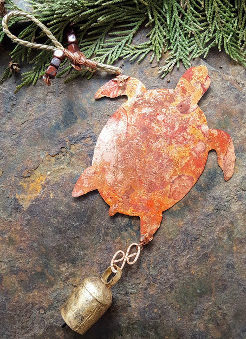 Red fire patina sea turtle copper wind chime
