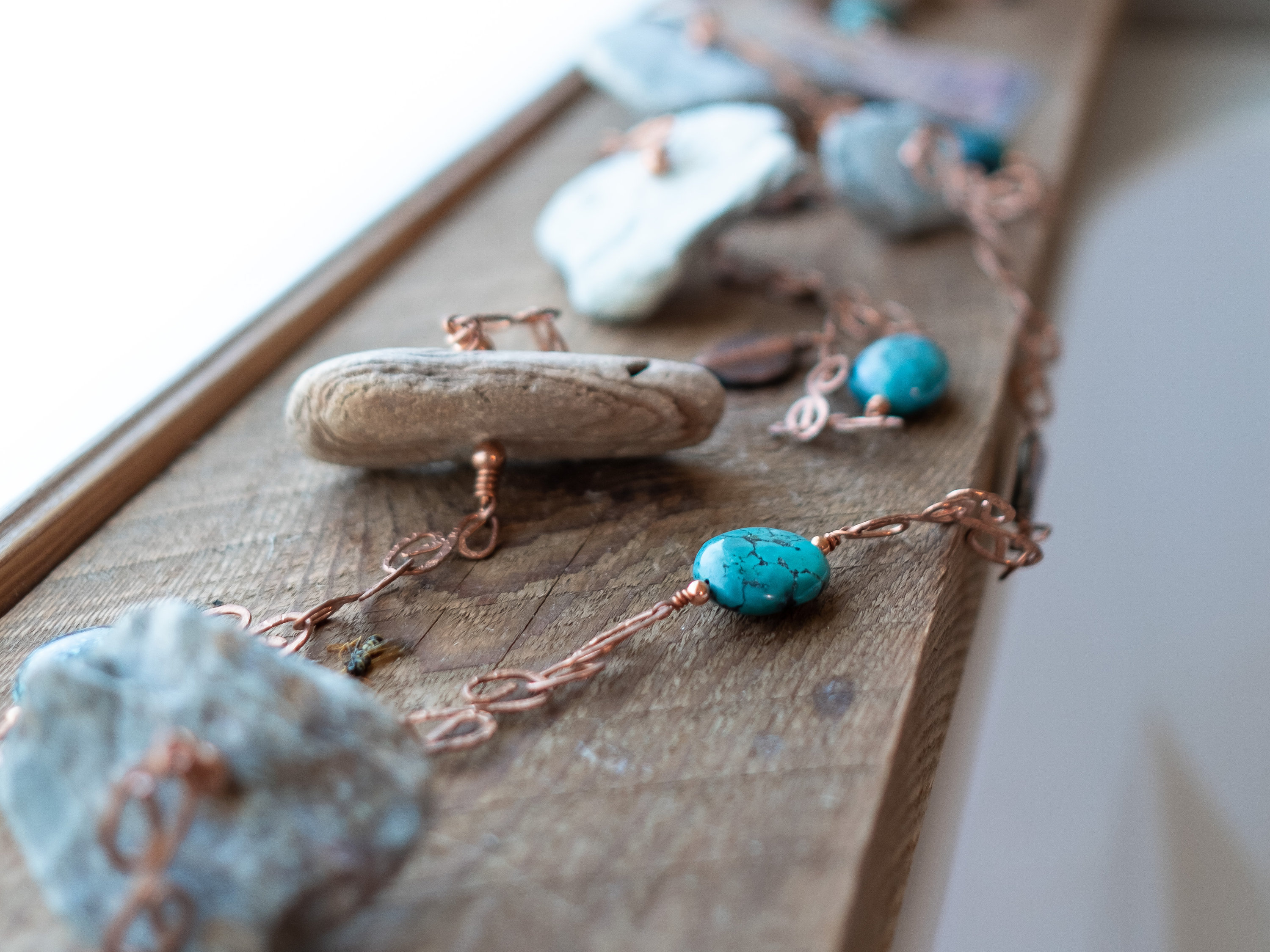 Copper, Hubei Turquoise, And River Rock Rain Chain
