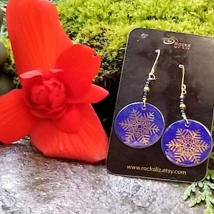 Cobalt Blue Snowflake Earrings: Gold Filled Winter Jewelry