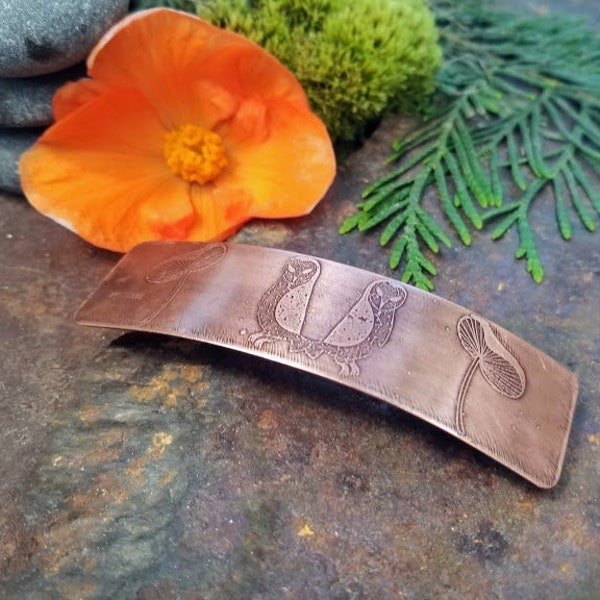 Copper Barrette - Copper Hair Accessory -  Owl and Mushroom Authentic French Barrette - Mother's Day Gift For Mom - Gift for her - Owl lover