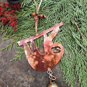 Handmade Copper Sloth Wind Chime with Jasper Beads & Tibetan Bell