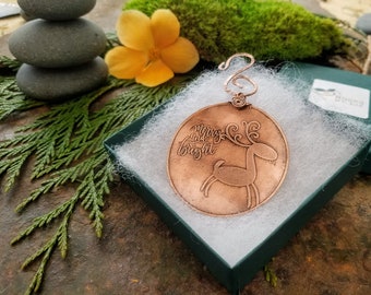 Copper Ornaments - Reindeer Ornament - Merry and Bright Ornament - Small Gift  - Unbreakable Ornament - Christmas Gift