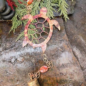 Flame Painted Copper Turtle Wind Chime with Red Banded Agate