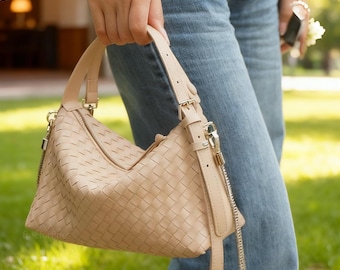 Handwoven Genuine Leather Bag -  Elegant Handmade Tote, Soft Crossbody Purse, Woven Shoulder Small Bag