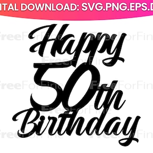 May include: Black graphic design that reads "Happy 50th Birthday" in a cursive font. The number 50 is large and centered. The words are layered on top of each other. The top of the image has a gradient of pink and orange.
