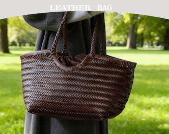 Handwoven Genuine Leather Hobo (with lined inner pouch),Large Soft Shoulder Tote, Beach Day Bag, Dark Brown Braided/Woven Leather Purse/Tote