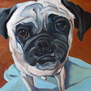 Custom dog portrait of a pug with burnt orange background.