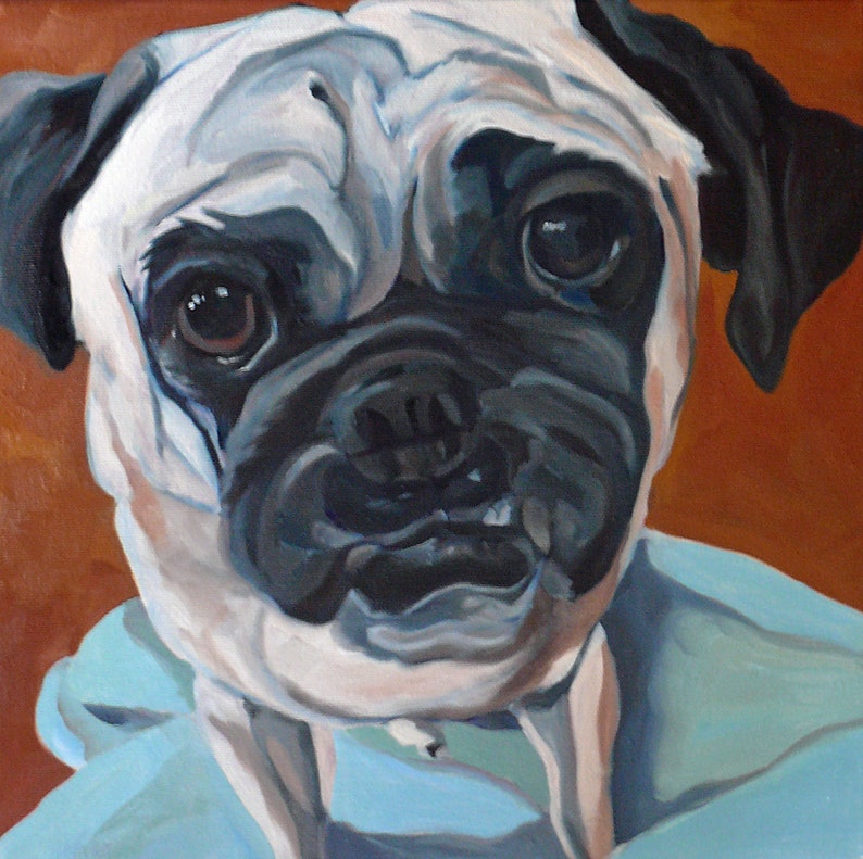 Custom dog portrait of a pug with burnt orange background.