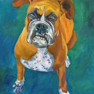 The Boxer dog Happy Abby with green background custom pet portrait.