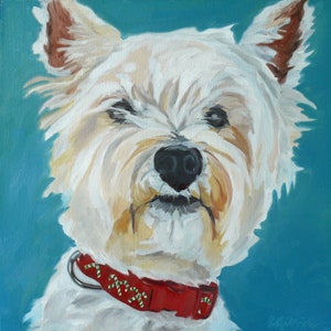 Westie dog custom pet painting with Christmas collar.