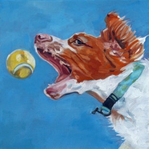 Custom pet portrait dog catching a ball with blue background.