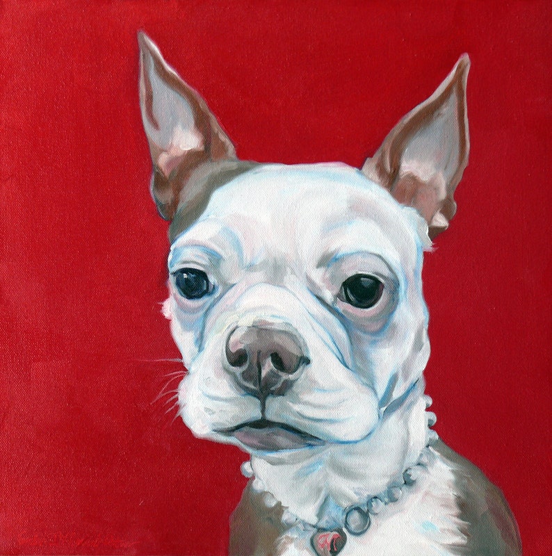 Custom Dog and Pet portrait painting. White dog with pearls.