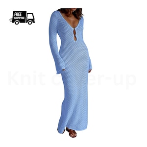 Sexy Women White Long Knit Sleeve Bikini Cover Up – Fashion Hollow-Out See-Through Deep V-Neck Beach Backless Knitwear Dress