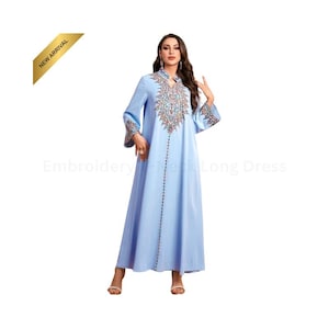 Embroidered V-Neck Abaya Dress For Muslim Women Moroccan Kaftan Dubai Style Loose Jalabiya Saudi Robe For Ramadan Eid 2024