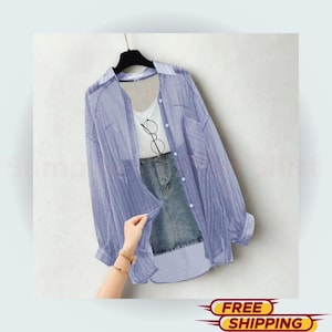 Women&#39;s Summer Chiffon Shirt Elegant Long Sleeve See-Through Cardigan – Lightweight Loose Fit Korean Harajuku Style Top