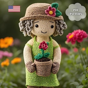 Haakpatroon amigurumi tuinmanpop pdf | Zelfgemaakte handgemaakte speelgoedhandleiding voor meisjes | Cadeau-idee bloemenpop voor kinderen en tuinliefhebbers