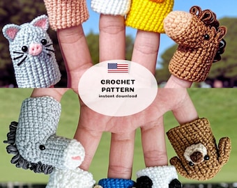 May include: A hand displays nine colorful, crocheted finger puppets shaped like farm animals, including a pig, chicken, duck, horse, cat, donkey, sheep, farmer, and cow. The puppets are in various colors, with the text "CROCHET PATTERN" and an American flag.