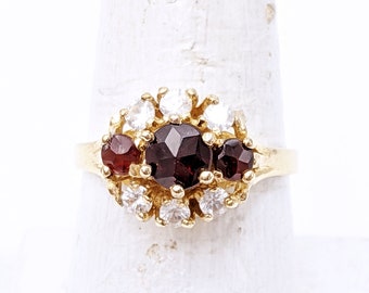 Bohemian Garnet 8K Yellow Gold Ring, Vintage Gold Rose Cut Garnet & White Sapphire Cluster Ring, White Topaz Garnet Ring, January Birthstone