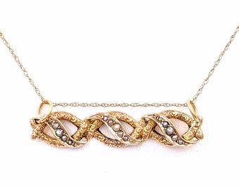 Viktorianische 9k Schlangen-Halskette, Antiker 9k Schlangenknoten-Anhänger, Edwardian Coiled Snakes & Samenperlen-Anhänger, Lover's Knot-Schlange-Halskette