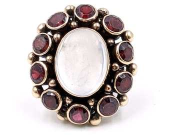 Antiker Mondstein Ring, Viktorianisch 14k Gold Mondstein Granat Ring, Großer ovaler Mondstein Granat Ring, Granat Mondstein Cluster Ring