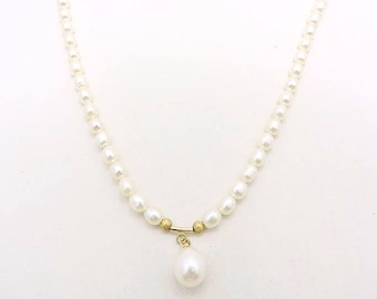 Vintage 14k Yellow Gold Pearl Drop Necklace - Ladies 14k Gold Pearl Choker Necklace - Pearl Dangle 14k Wedding Necklace - Prom Necklace