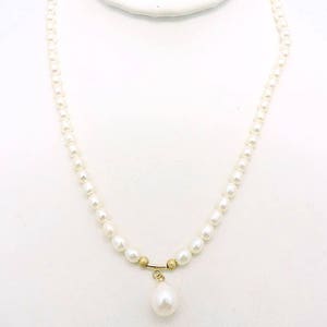 Vintage 14k Yellow Gold Pearl Drop Necklace - Ladies 14k Gold Pearl Choker Necklace - Pearl Dangle 14k Wedding Necklace - Prom Necklace