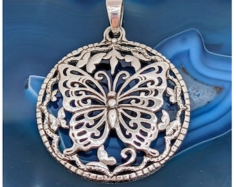 Large Sterling Silver Butterfly Pendant,  925 Round Openwork Butterfly Pendant, Silver Butterfly Pendant
