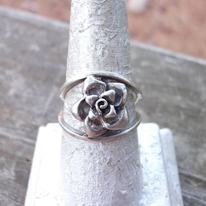 Vintage Art Nouveau Style Sterling Silver Open Rose Ring - Ladies Floral Style Rose Bud Sterling Ring