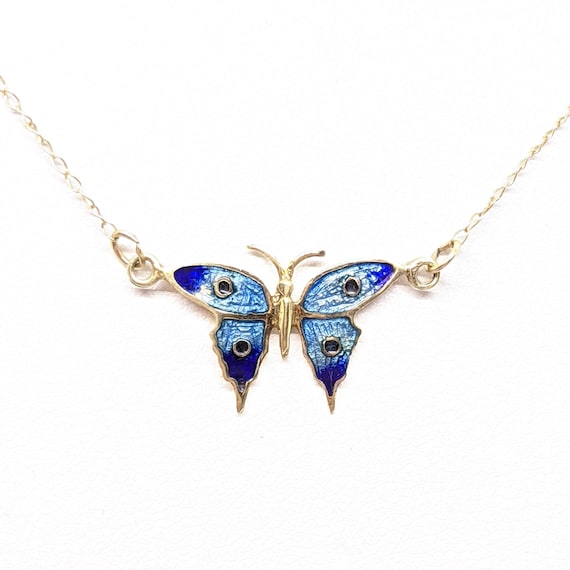 14k Enamel Butterfly Necklace, Vintage Enamel Butt
