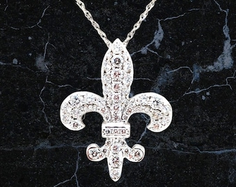 Pave Diamond Pendant, 1.25ct Diamond Fleur-de-lis 18K White Gold Pendant, 18k New Orleans Saints Fleur-de-lis Diamond Pendant Necklace