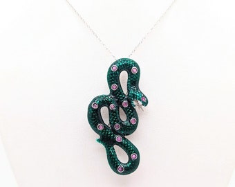 Vintage Snake Pendant, Ruby Enamel Snake Necklace, Sterling Green Snake Necklace