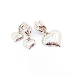Vintage Sterling Puffy Heart Dangle Pendant & Earring Set, Made In Israel Sterling Heart Pendant and Heart Dangle Earrings