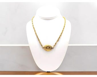 Vintage CHANEL Logo Medallion Station Necklace, CHANEL Long Oval Arabesque Pendant Necklace