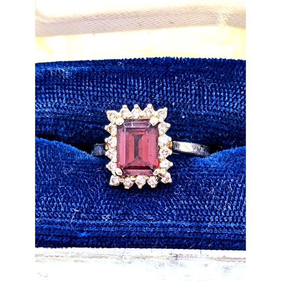 Garnet Diamond Ring, Vintage 14k Emerald Cut Garn… - image 8