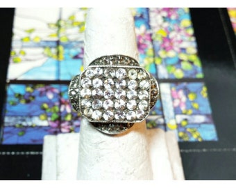 Huge Vintage Sterling Crystal & Marcasite Cocktail Ring - Gothic Style Sterling Silver Round Clear Gemstone Marcasite Ring