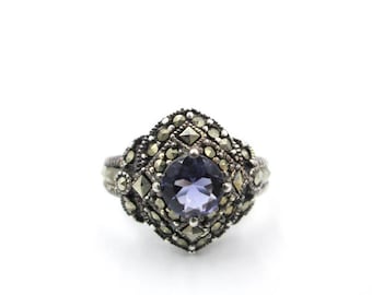 Vintage Sterling Deco Style Multi Shape Marcasite Amethyst Ring - Ladies Sterling Amethyst & Marcasite Ring Vintage Ring Fashion Ring