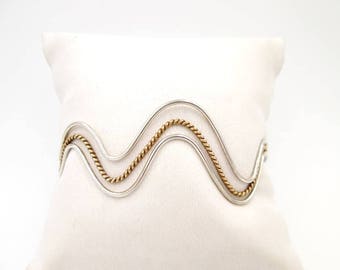 Vintage Sterling & Brass Ladies Zig Zag Cuff Bracelet - Ladies Modern Sterling Silver With Gold Rope Center Wave Cuff
