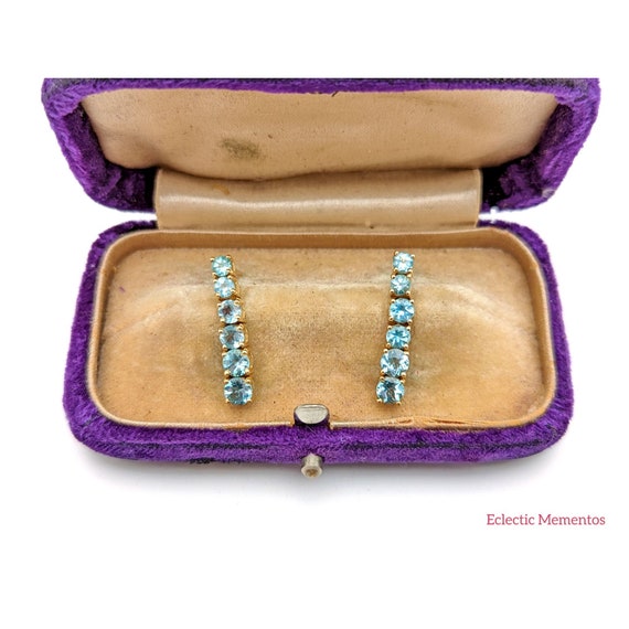 Blue Zircon Earrings, Vintage 14k Gold Round Blue… - image 3