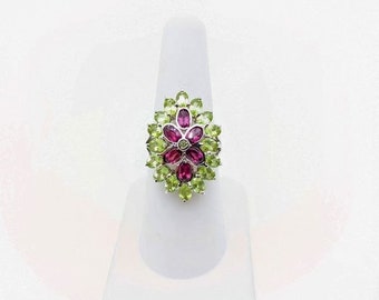 Garnet & Peridot Sterling Cocktail Ring, 925 Peridot Dinner Ring, Navette Ring, Shield Ring, August Birthstone Ring