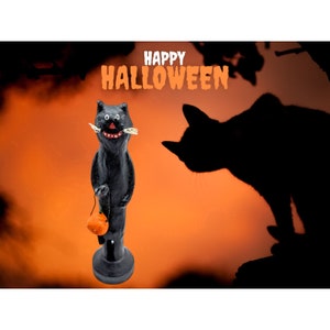 Vintage Primitive Halloween Paper Mache Black Cat Holding A Pumpkin Basket Figurine, Folk Art Halloween Black Cat