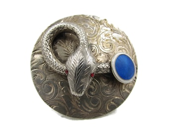 Vintage Handmade Sterling Silver Guilloche Enamel Snake Pendant Brooch - Antique Sterling Serpent Brooch - Snake Pin - Snake Necklace