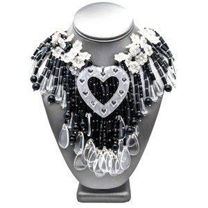 Ian St. Gielar Stanley Hagler NYC Signed Necklace, Vintage Layered Black Glass Lucite Heart Drop Runway Necklace, Hagler Jewelry