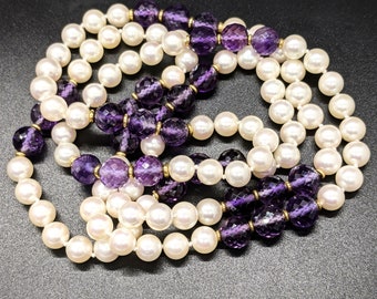 Akoya Pearl Necklace, Vintage 18k White Cultured Akoya Pearl Amethyst 36" Necklace,Hand Knotted Akoya Pearl 18k Gold Necklace With Appraisal