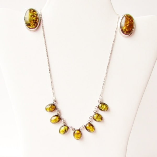 Vintage Gdansk Poland Sterling Baltic Amber Jewelry Set - Sterling Signed AG Polish Amber Necklace and Clip On Earrings