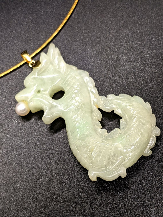 Jade Dragon Pendant, Large Vintage 14k Gold Pearl… - image 1